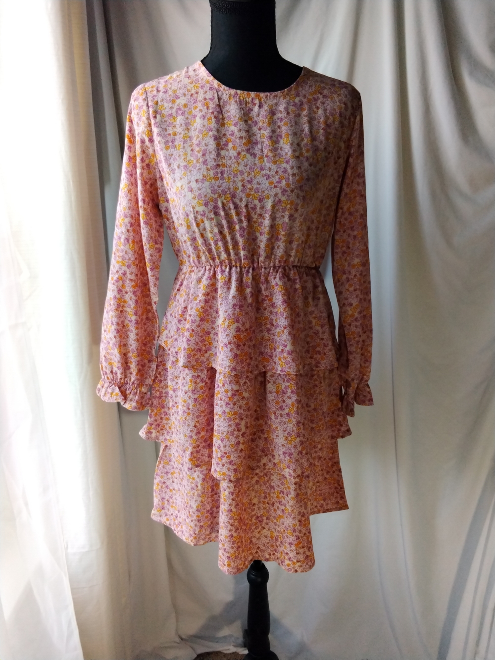 Mia Chica Pink Floral Tiered Long-Sleeve Dress